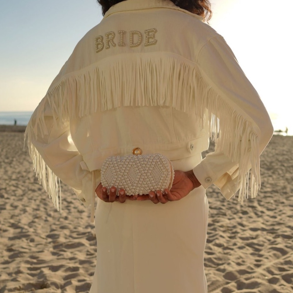 Never Worn White Fringe Western Denim Bridal Jean Jacket